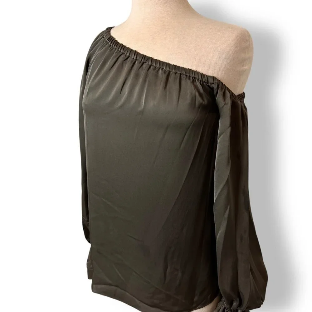 Ramy Brook Off One Shoulder Murphy Top Blouse Satin Ruffle Cuff Olive Sz XS